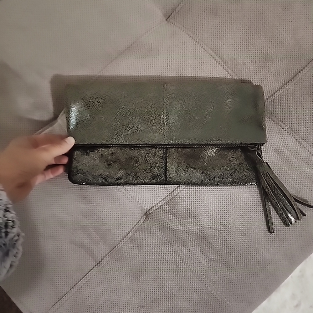 Anthropologie Jasper & Jeera reversible leather clutch dark silver green gold